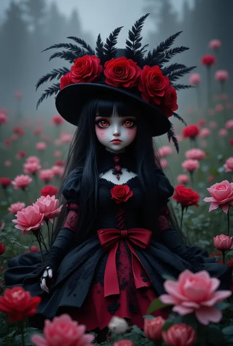 An enchanting gothic doll wearing an elegant hat adorned with feathers and roses and a flowing dress sits gracefully on the grassy ground amidst the misty weather. The scene is bathed in soft pastel shades of black and red, creating a gothic atmosphere. Th...