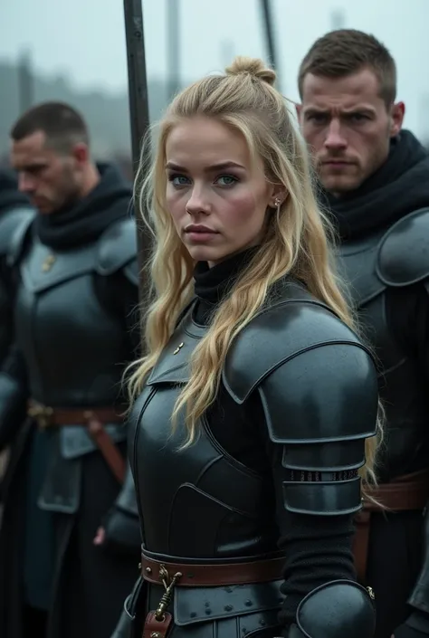 Create an image showing a battalion of warriors wearing black armor, Headbutted and the most visible is his warrior princess with blond hair and blue eyes,   accompanied by her bodyguard, a strong man with short blond hair and blue eyes with a bit of a bea...