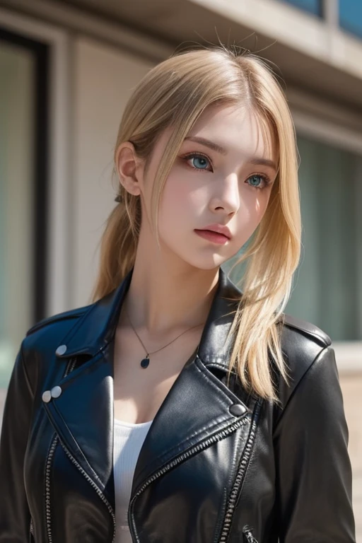 One Girl , Alone, face, portrait , long hair, ponytail, blondes, green eyes, big breasted , ( black leather jacket :1.2) , clevis on a stone, School, Empty , Stares at Viewers ,