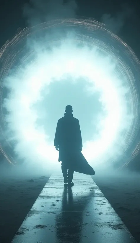 A dramatic push-in shot captures the traveler using a mysterious artifact, opening a swirling portal of pure white energy. A smooth tracking shot follows as he steps through, fading into the next reality.