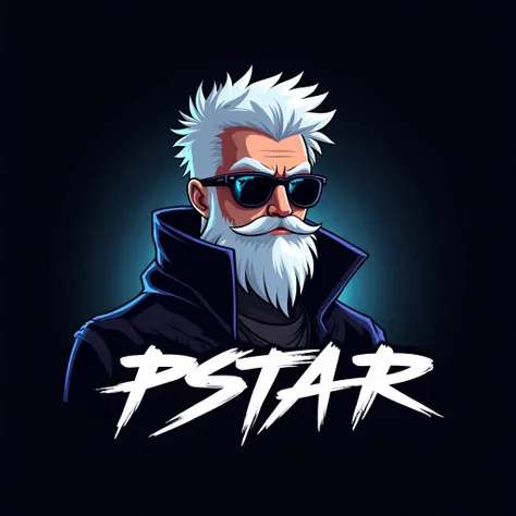 
Create a high-quality esports logo featuring a futuristic, cyberpunk-styled character with white spiky hair, a thick white beard, and round black sunglasses. The character should wear a sleek, high-tech black outfit with blue accents, giving a modern gami...