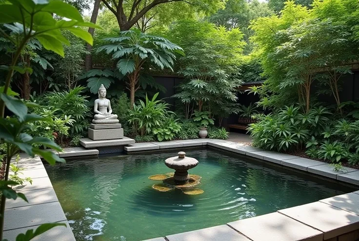 A simple square shaped pond, little raised walls from the ground and has stone walls, the pond structure is aligned and attached to the concrete fence and also has a nice fountain and a Buddha statue, surrounded with full green plants to give it a forest l...