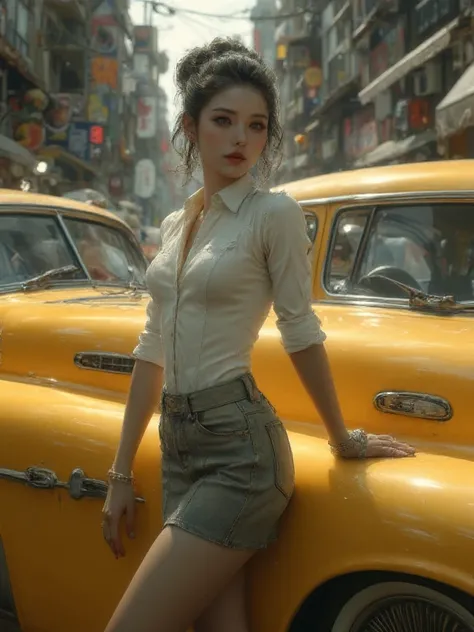 A neoretro-style artwork featuring a glamorous woman in a black-and-white palette, leaning against a bright yellow vintage car. She is dressed in a fitted blouse and denim skirt, with her hair styled in a retro updo. The background is abstract and blurred,...