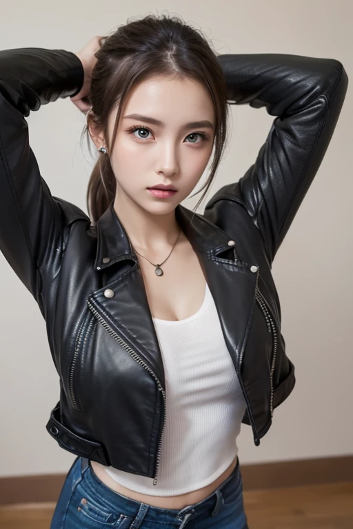 One Girl , Alone, face, portrait , long hair, ponytail, blondes, green eyes, big breasted , ( black leather jacket :1.2) , clevis on a stone, School, Empty , Stares at Viewers ,