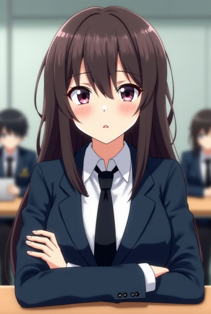 The anime girl with  in highschool looking at camera with annoy face. She is watching behind the desk . She have elegant white shirt with black tie. School dark blue jacket and all school things . Her face looking pissed out