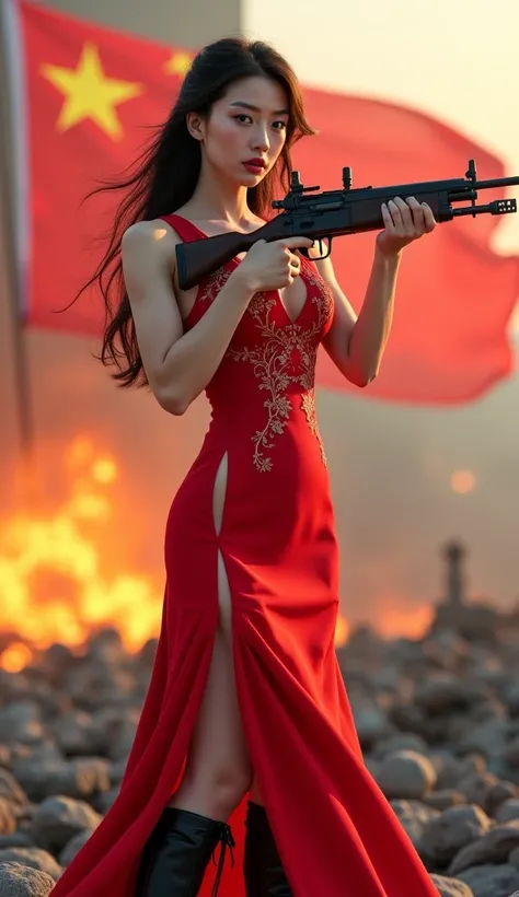 Female chinese military general, age 20s, youthful, wearing sexy revealing red qipao with details, medium cleavage and slits, leather boots, holding rifle gun aiming at user, sweet intimatiding confident face, slim and pretty face, slim and fit body, golde...