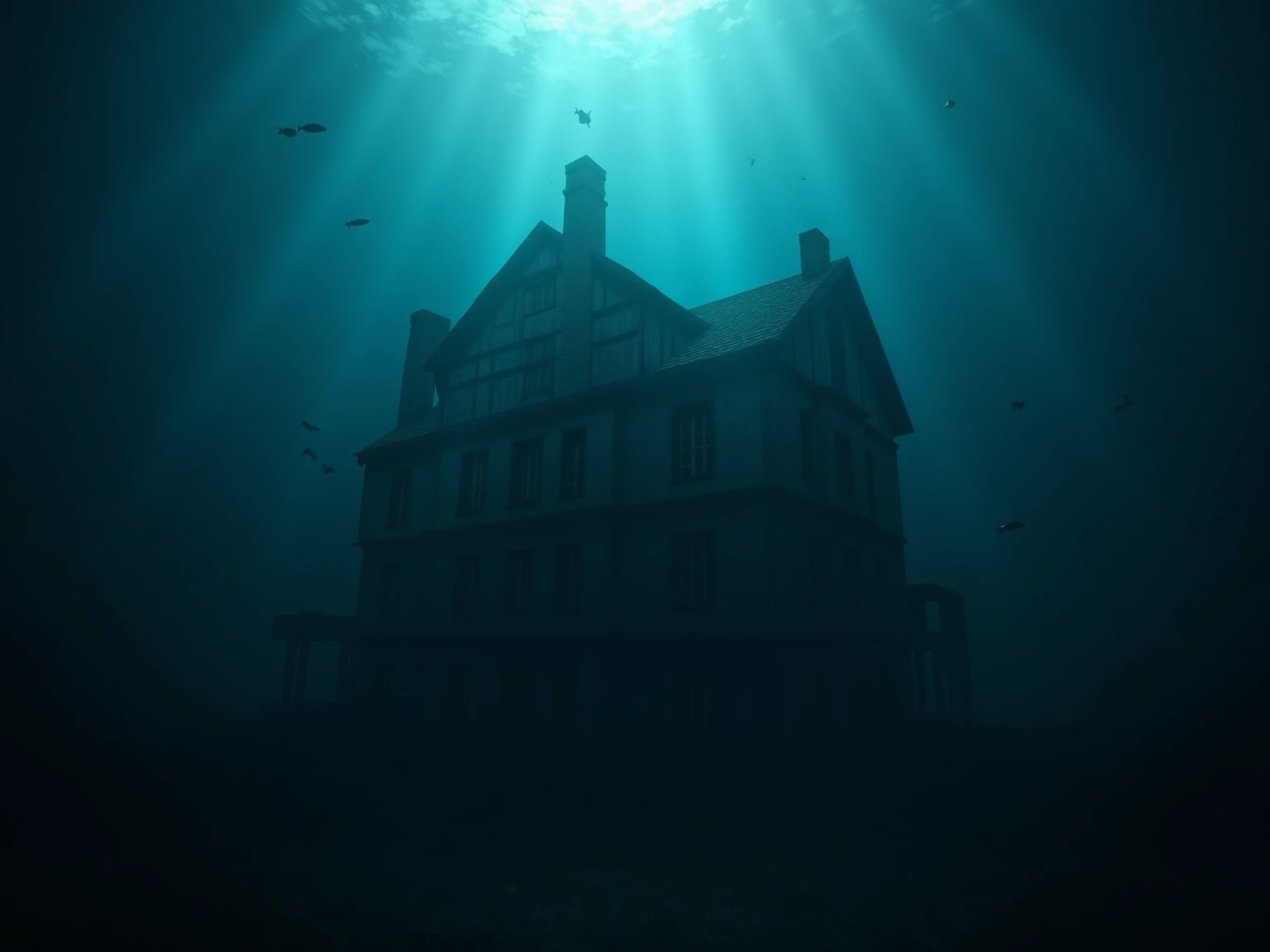 A realistic image, hyperrealistic. Dark atmospheric lighting as if a bright light shine through deep water. A deep water setting featuring a turn of the century manor house with French provincial architecture, slightly shabby but perfectly preserved. The h...