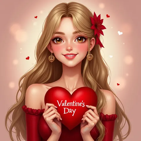 A 21 years old girl realistic human is holding a red heart and has a write on it valentines day has a blonde hair, smiling, brown eyes, wearing a red dress, has a flower on her back1girl, Long Hair, Smile, Masterpiece, Earrings, Makeup, Happy, Hair Ribbon,...