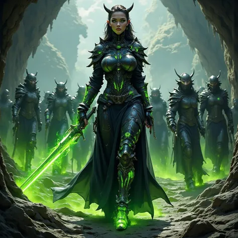 - Beautiful "Russian" woman, a pair of 'DEVIL' horns on her forehead. Green lips.

- Wearing a costume ("Full Sexy Armor"), a costume that embodies the form of "Devil Agares", (Chest and Thigh Armor is open).
Wearing a long robe and a black hood, shabby an...