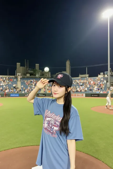 A Japanese woman in her 20s throwing the first pitch at a professional baseball game. She is wearing a team jersey with a cap, standing on the pitcher's mound at a large baseball stadium. The stadium is packed with cheering fans, and the bright floodlights...