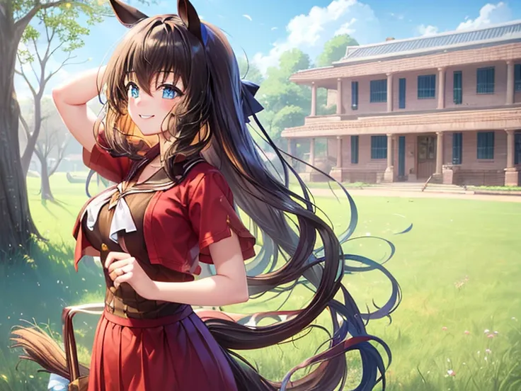 (masutepiece.top-quality:1.3)、1 girl in、Brown Long Hair、Horse-eared girl、Brown horse tail、Red clothes、Red skirt、Hair is fluttering、Raking up your hair、 smiles,  turn eyes,  eyes sparkle, No nose, Look here, Standing,