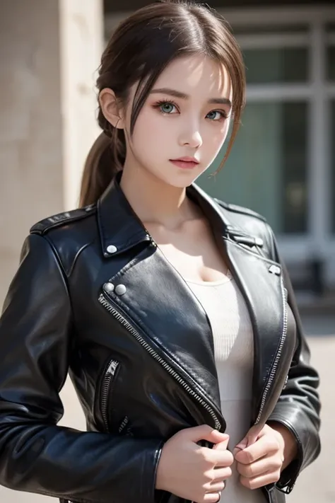 One Girl , Alone, face, portrait , long hair, ponytail, blondes, green eyes, big breasted , ( black leather jacket :1.2) , clevis on a stone, School, Empty , Stares at Viewers ,