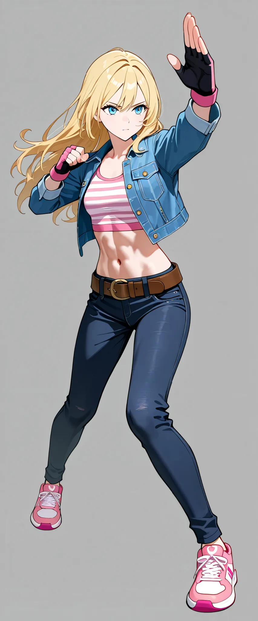 Adult woman, long hair, blonde, blue eyes, toned body, medium chest, blue denim jacket, long sleeves, fit pink and white striped crop shirt with scoop neckline, pink fingerless gloves, navel, dark blue denim long pants with brown metal belt, pink sneaker, ...