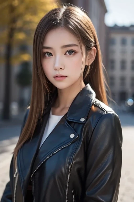 One Girl , Alone, face, portrait , long hair, ponytail, blondes, green eyes, big breasted , ( black leather jacket :1.2) , clevis on a stone, School, Empty , Stares at Viewers ,