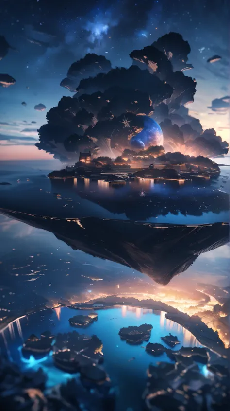 ((high quality)), ((masterpiece)), ((highly detailed)), A chain of islands surrounded by water that reflects the sky perfectly, making it look like the islands are floating in space. Strange creatures live beneath the mirrored surface, but they can only be...