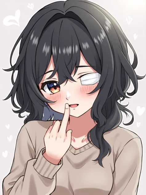 1female,anime,eye bandage on her right eye, has other bandage on her head which make her look cute and adorable,messy black hair, crying, using her finger to make a force smile,Age:19
Height:5ft 7inches
Weight:average but a little under weight
Chest size:M...