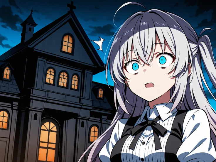  Masterpiece,  top quality, 2.5D,  by Nomi,"Haunted House” 、"  one girl and a ghost encounter scene", Girl&#39;s surprised expression,A mansion where ghosts and ghosts roam、
