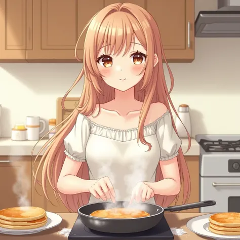 Anime Beautiful girl cooking pancakes 