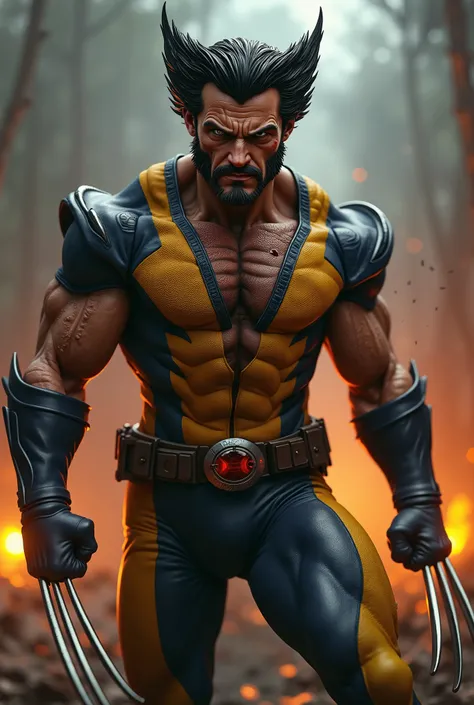 Wolverine (Logan) in heroic pose, hyperrealistic style,  detailed traces and intense atmosphere **.  
- **Body**: low ( about 1,60M),  defined and compact muscles ,  aggressive and combat-ready posture .  
- **face**: square jaw,  penetrating eyes of wild ...