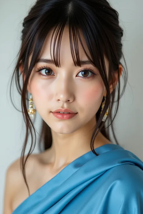 Create a hyper-realistic portrait of a beautiful white girl with neon black hair and light freckles, wearing blue saree akin to an Instagram fashion influencer. fashion photography, cover photo, female model facing the camera, shot on Sony A7 III, photorea...