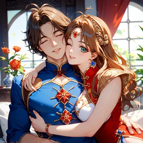 (( top quality)), (( Masterpiece)), ( Details), （ perfect face ）、Brown-haired Angel Lily, wearing a gorgeous and sexy red ancient Chinese cheongsam, is happily hugging a middle-aged Chinese man、Wearing an engagement ring 