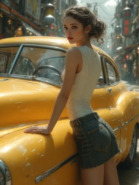 A neoretro-style artwork featuring a glamorous woman in a black-and-white palette, leaning against a bright yellow vintage car. She is dressed in a fitted blouse and denim skirt, with her hair styled in a retro updo. The background is abstract and blurred,...