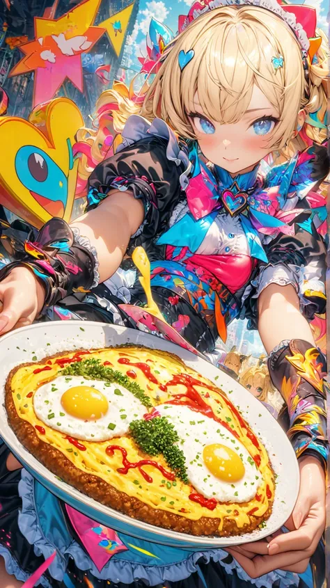  top quality, SUPER FINE , 8k,  Extremely Absurd , very well detailed , 2.5D, ,  sunshine,  pop art,  delicate and dynamic,  Pastel Fantasy,  Official Art,cowboy shot,
,UPER FINE , 16k,  incredibly high resolution,( maid clothes, white brim),Omelette rice,...