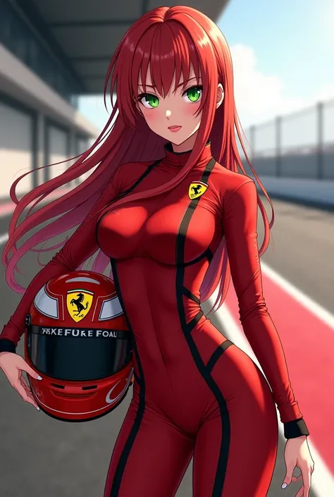  "4K anime style quality, digital drawing mode, anime female character inspired by Ferrari, sleek red hair with black racing stripes, intense green eyes, wearing a form-fitting racing suit with Ferrari logo, holding a racing helmet, Blur the background to ...