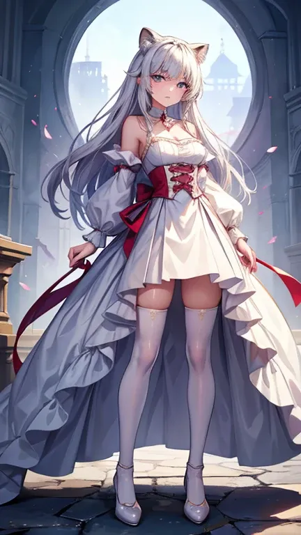 (masterpiece,best quality,ultra-detailed), aristocratic young lady, 18-year-old, characteristic: aloof and expressionless, hair color: ice-white, hairstyle: hime-cut, hair length: mid-back-length long straight hair, eyes color: royal purple, eyes type: tsu...