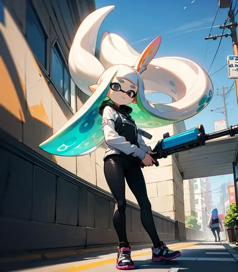 The girl in Inkling from Splatoon is standing with a weapon、Picture cutting through the wind 、 Cool and stylish artwork 、cool color、Effective、Around town、