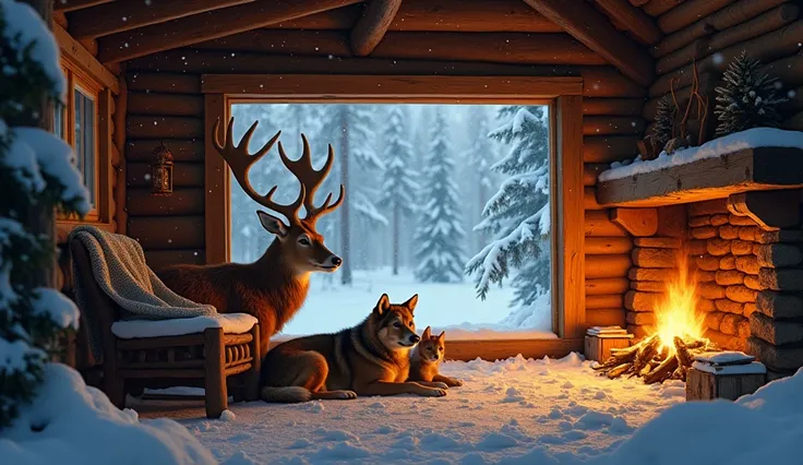 A heavy snowstorm rages outside a secluded wooden hut, covering the dense forest in a never-ending white veil. Inside, warmth and comfort rule—a hind sits quietly, her breath soft in the golden glow of the fireplace. Two dogs, one large and one small, are ...