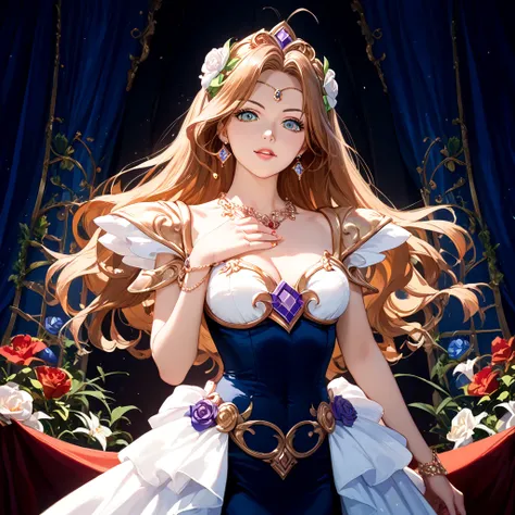 (( top quality)), (( Masterpiece)), ( Details), （ perfect face ）、Angel Lily, the graceful, elegant, and beautiful brown-haired Evil Princess who has fallen into evil, wears a gorgeous and elegant black Evil Princess dress, poses in a troublesome pose, and ...