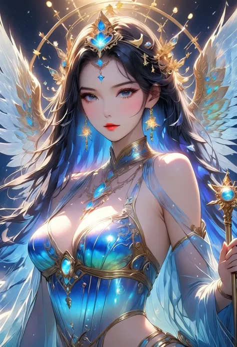 （ best image quality）， in the seat，Queen style 、Goddess Style、（ full female love）， holding a scepter in one hand ，（ perfect body），（PERFECT EXPRESS ），青いstar空，star（Sparkling），clothing（Sparkling），（ Masterpiece），（ 8k wallpaper），myth，  fantasy theme， Fantasy Ar...