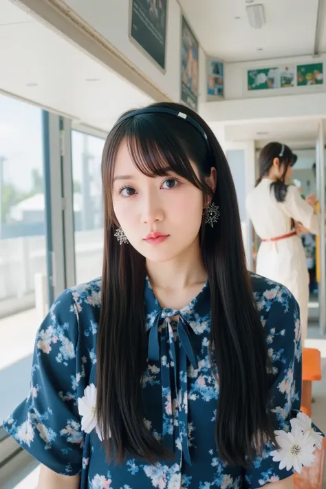 A Japanese woman in her 30s working as a train conductor inside a modern Japanese train cabin. She is wearing a professional train uniform, complete with a hat and a badge. The cabin is sleek and well-lit, with control panels and large windows showing the ...