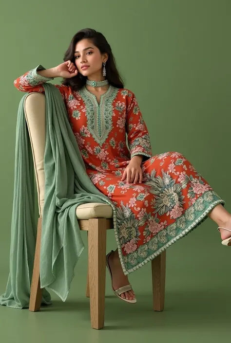 Young Adult fashion model sitting on chair wearing three piece lawn suit, kameez with floral print and green matching dupatta, hotel backwall
