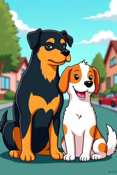 Simpsons-style image of a rotweiler next to a white dog with light brown spots