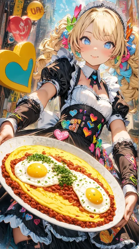  top quality, SUPER FINE , 8k,  Extremely Absurd , very well detailed , 2.5D, ,  sunshine,  pop art,  delicate and dynamic,  Pastel Fantasy,  Official Art,cowboy shot,
,UPER FINE , 16k,  incredibly high resolution,( maid clothes, white brim),Omelette rice,...