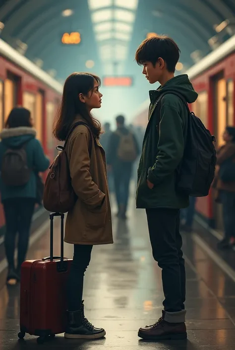 At the train station, a girl is going on the train and a boy is standing on the platform and looking at each other