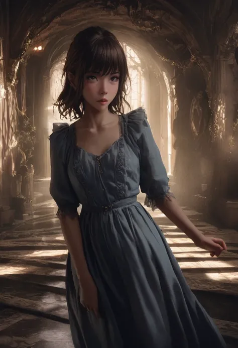 A cute woman in a blue dress, blue blouse, blue heels, age 25, nervously walking through a lavish haunted mansion, demonic shadows creeping along and stalking her, Higurachi snail shell spiral, cinematic lighting, dramatic, dark fantasy, photorealistic, 8k...