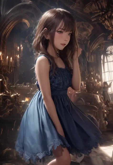 A cute woman in a blue dress, blue blouse, blue heels, age 25, nervously walking through a lavish haunted mansion, demonic shadows creeping along and stalking her, Higurachi snail shell spiral, cinematic lighting, dramatic, dark fantasy, photorealistic, 8k...