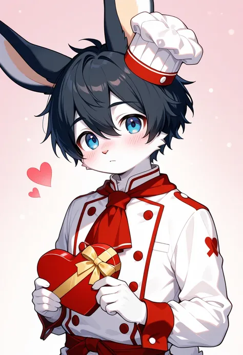 1boy, (furry, kemono:1.4), rabbit boy, animal nose, rabbit ears, solo, black hair, holding, blue eyes, swept bangs, looking at viewer, holding gift,  blush, gift, hat, upper body, wrist cuffs, closed mouth, chef hat, box, heart shaped box, short hair, long...