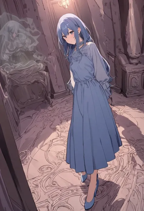 A cute woman, 25 years old, wearing a blue dress, blue blouse, and blue heels, nervously walking through a lavish haunted mansion, demonic shadows creeping and stalking her, Higurachi snail shell spiral