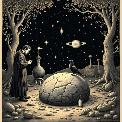 A highly detailed woodcut, engraving style illustration that exudes a serene and mystical atmosphere, all in engraving style. In the background it is night, but the sky is very starry and illuminated, there is no moon, but the planet Saturn with its beauti...