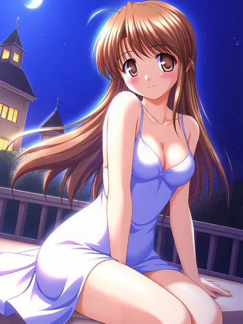 Honami Fujieda, Alone,  brown eyes, yellow eyes,  brown hair at the gym, stupid hair, bangs,  side lock,  long hair,  hair bun, single  hair bun,  Tiny Breasts , cleavage,  pretty butt, (sexy blue evening dress), ( sexy pose), (shy:1.1), (blush), (smile), ...