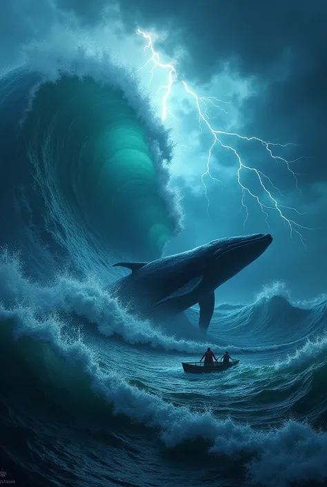 Intense rolling motion wave , Whale circling the boat , Intermittent Flashing Lightning , the boat undulates up and down