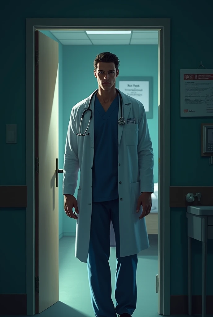 a  male doctor stands OUTSIDE of bella's room in hospital. closing the door. shadow