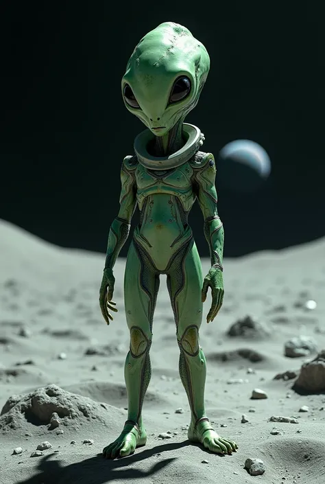 A green alien has one eye in the middle of his face and wears a spacesuit and is standing on the moon 