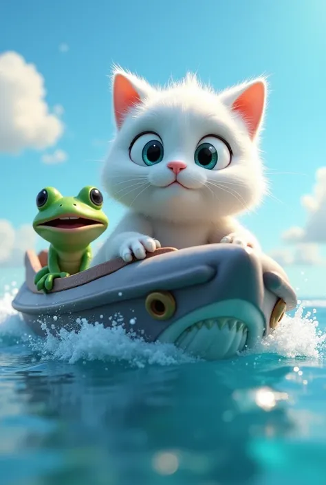 Create a 3D HD animated scene where Bobo (the chubby white cat with heterochromatic eyes), Pepe (the playful frog), and Toto (the cute baby elephant) are having fun on their boat in the ocean, but suddenly a large shark appears and bumps into the boat. The...