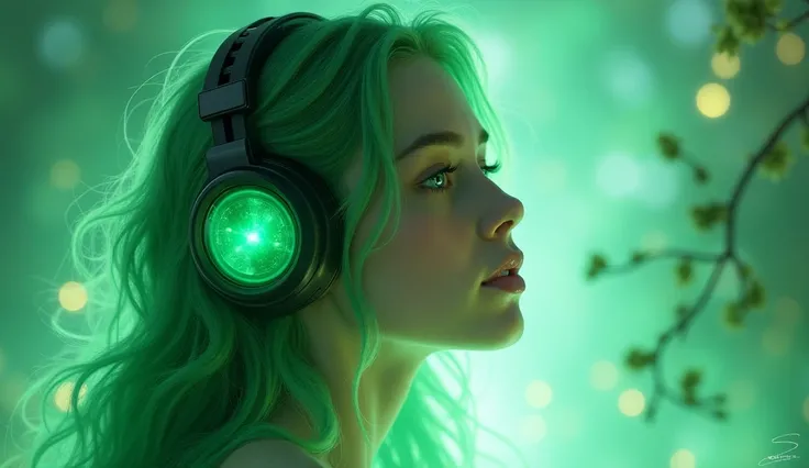 ckbergaze girl Green hair and green eyes The The girl wears headphones and sings