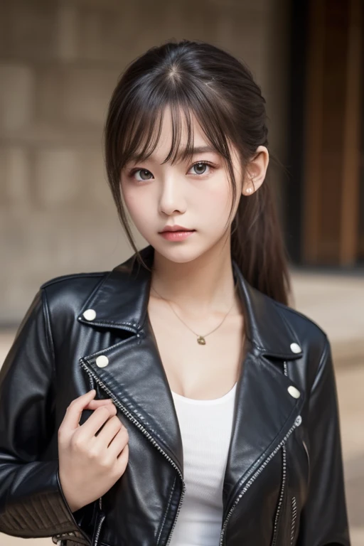 One Girl , Alone, face, portrait , long hair, ponytail, blondes, green eyes, big breasted , ( black leather jacket :1.2) , clevis on a stone, School, Empty , Stares at Viewers ,